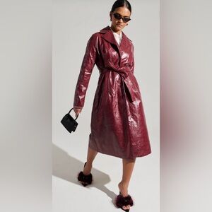 Women's Burgundy Faux Leather Trench Coat